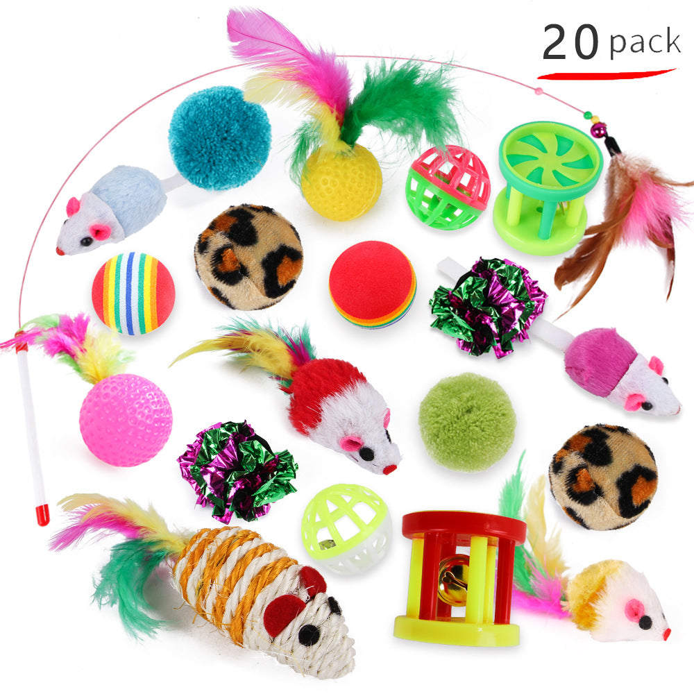 Cat Toy Set for Indoor Cats Variety Pack (Wand, Mouse, Ball & Teaser Toys) 20-Piece Set