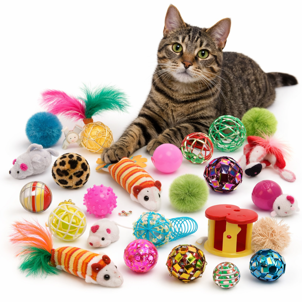 Cat Toy Set for Indoor Cats Variety Pack (Wand, Mouse, Ball & Teaser Toys) 20-Piece Set